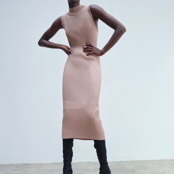 Zara | Dresses | Ribbed Midi Dress Beige Pink | Poshmark